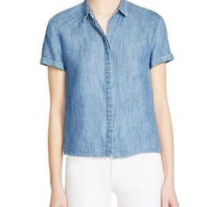 ALICE + OLIVIA Women's Koi Chambray Linen Short Sleeve Shirt Blue Size Medium
